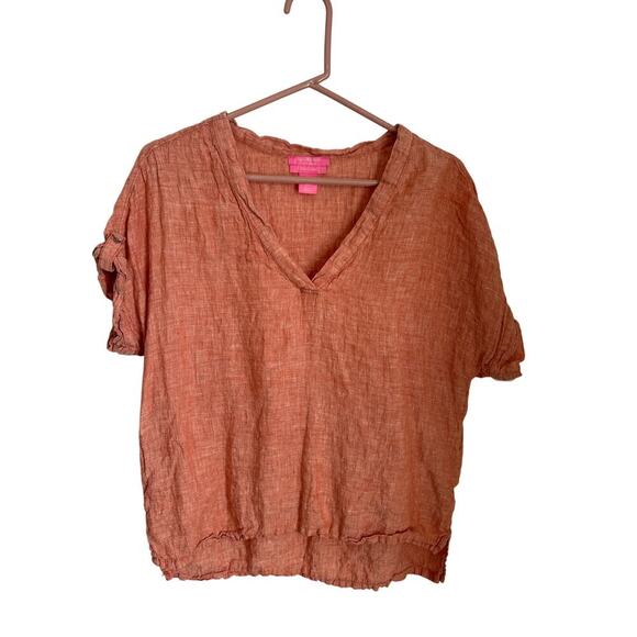 Isaac Mizrahi 100% linen Orange/Red Short Sleeve V Neck Size M - Picture 1 of 6